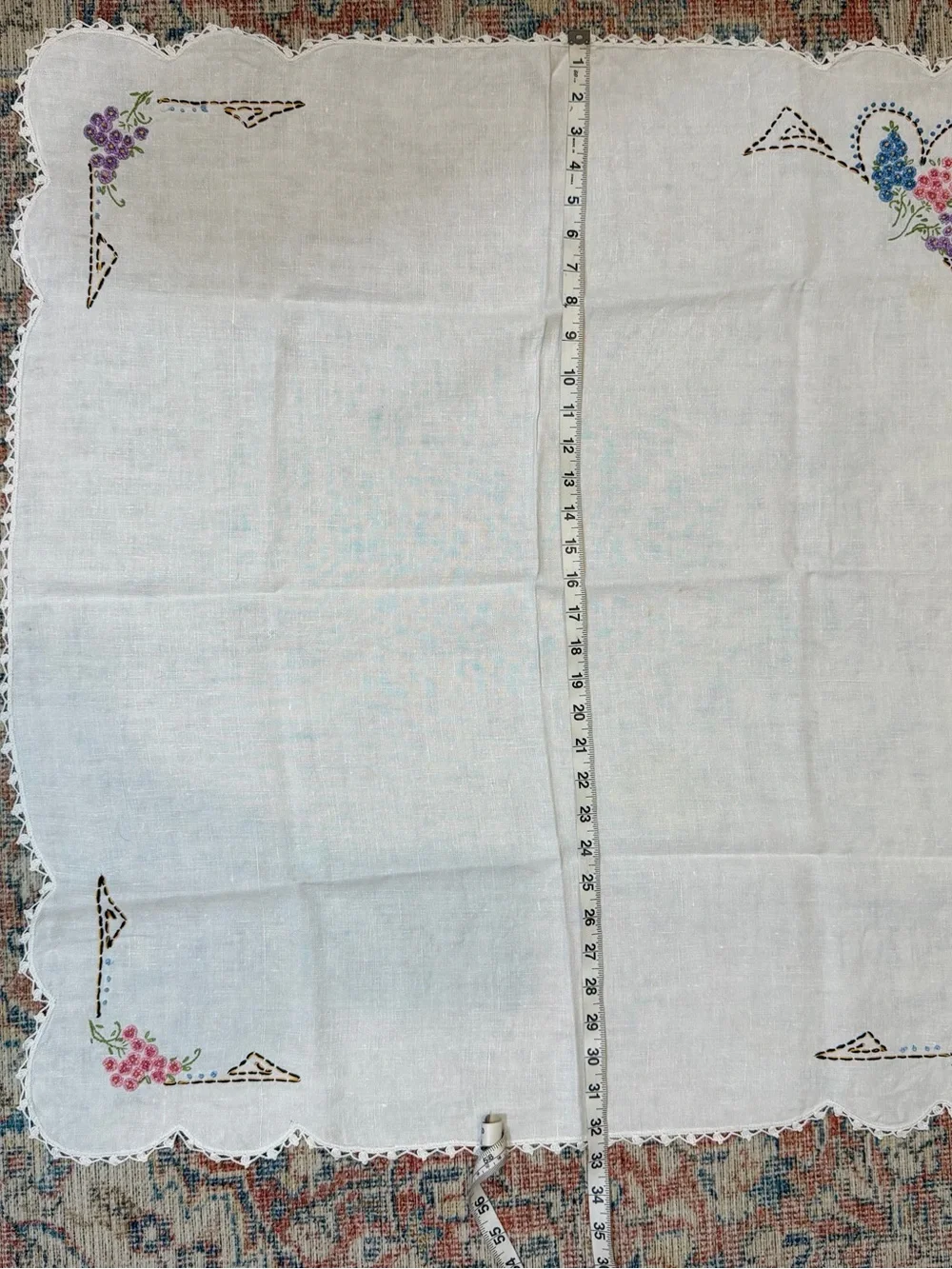 Vintage Hand Embroidered Linen Tablecloth White Floral Scalloped 32x32 Cottage